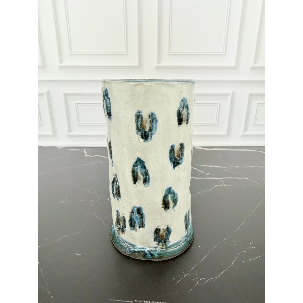 Hand Made Blue White Glazed Studio Pottery Vase 7" Tall Signed
